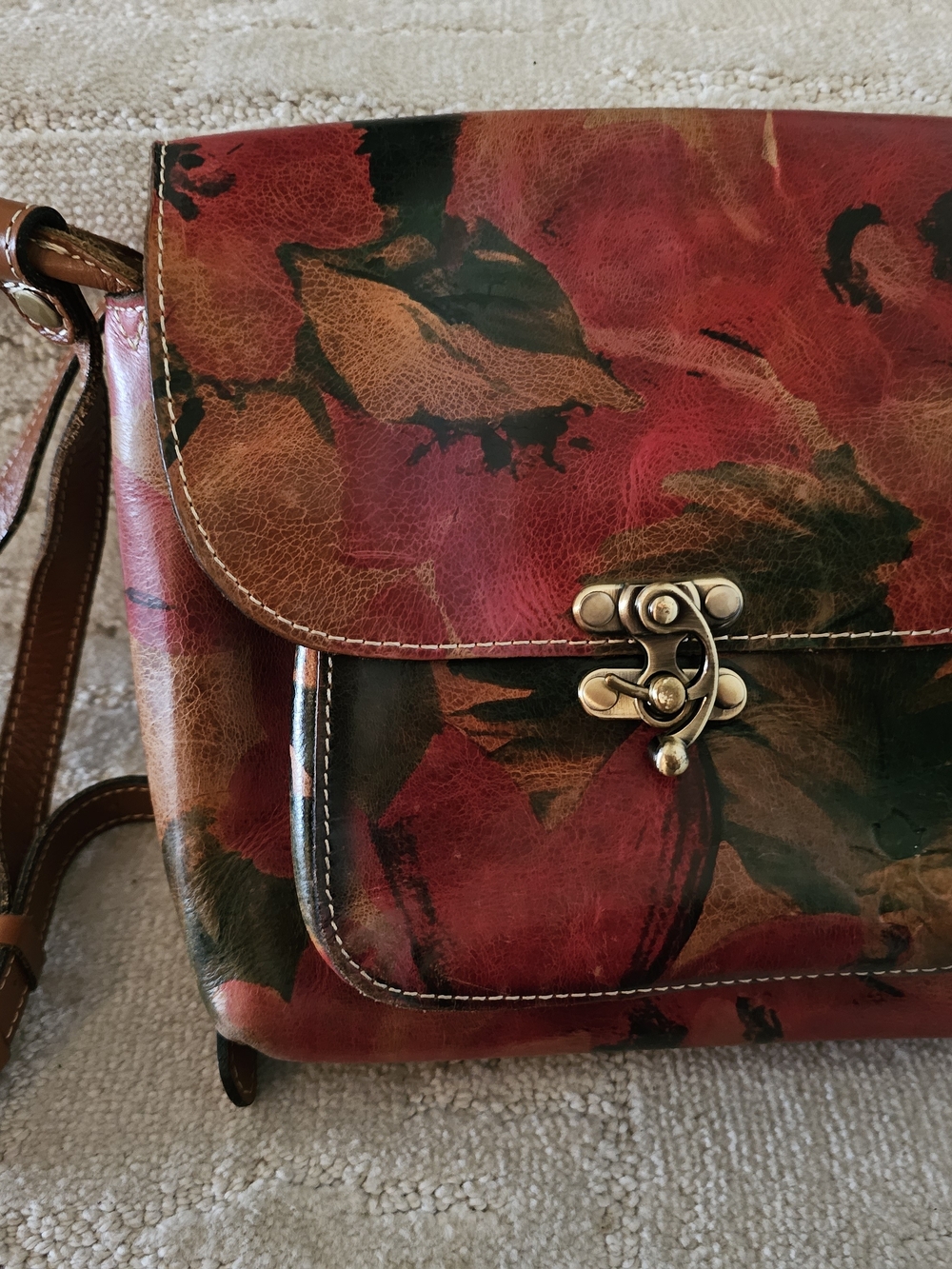 Patricia Nash Red and Brown Floral Leather Crossbody with Antique Brass Clasp